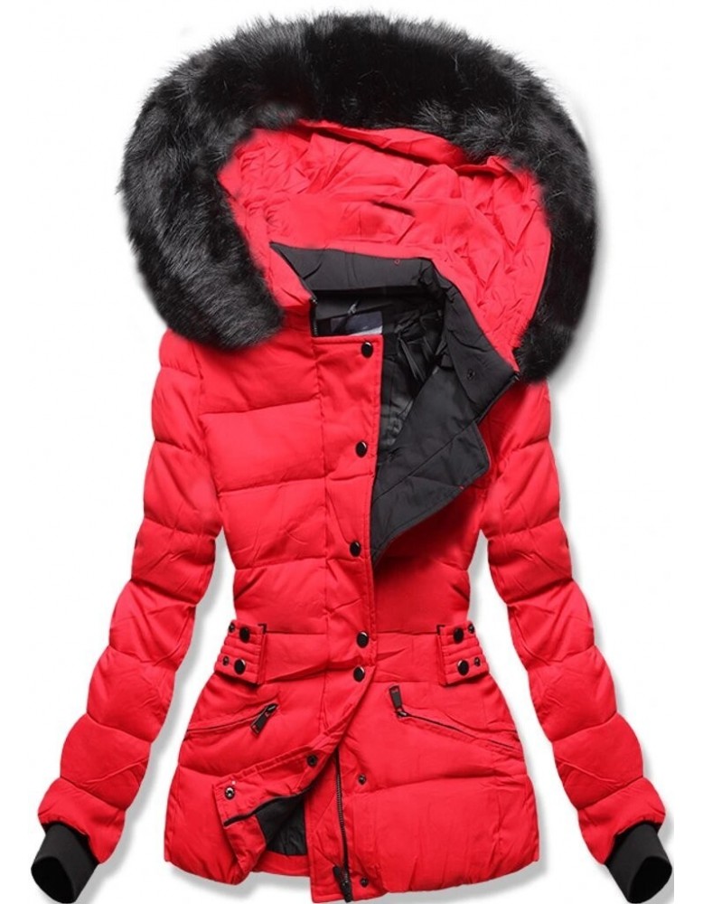 Dámská krátká zimní bunda s kapucí červená